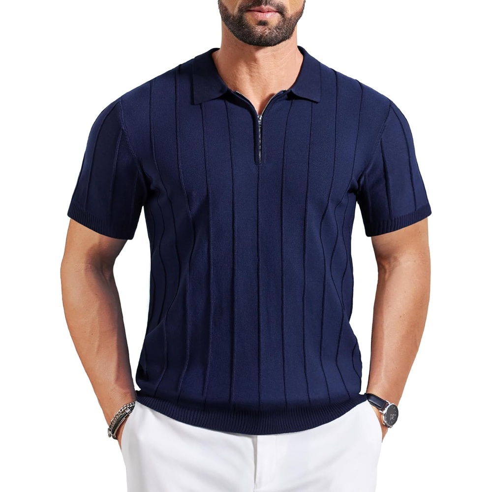image:imageCOOFANDY Mens Quarter Zip Polo Shirt Short Sleeve Ribbed Knit Golf Tee Collared 14 Zip Textured Casual Business Shirt Lightweight Breathable Elastic T Shirt for MenVnavy Blue