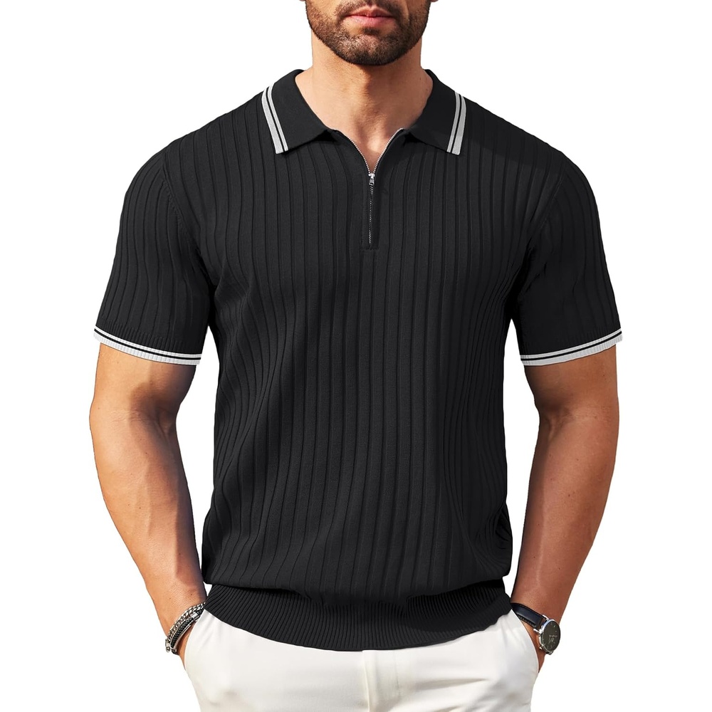 image:imageCOOFANDY Mens Quarter Zip Polo Shirt Short Sleeve Ribbed Knit Golf Tee Collared 14 Zip Textured Casual Business Shirt Lightweight Breathable Elastic T Shirt for MenStriped Black Striped