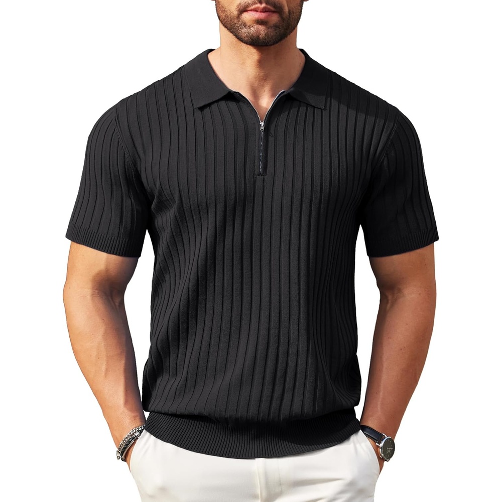 image:imageCOOFANDY Mens Quarter Zip Polo Shirt Short Sleeve Ribbed Knit Golf Tee Collared 14 Zip Textured Casual Business Shirt Lightweight Breathable Elastic T Shirt for MenBlack