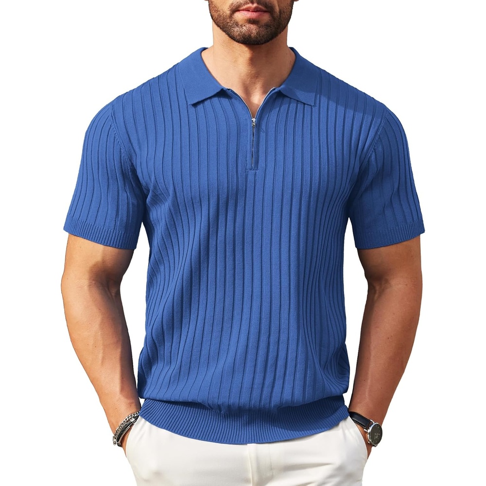 image:imageCOOFANDY Mens Quarter Zip Polo Shirt Short Sleeve Ribbed Knit Golf Tee Collared 14 Zip Textured Casual Business Shirt Lightweight Breathable Elastic T Shirt for MenBlue
