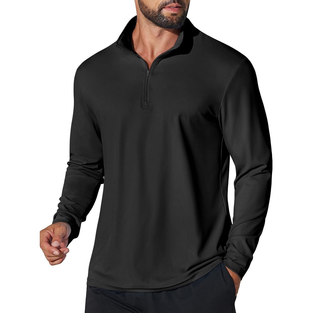 image:imageCOOFANDY Mens Quarter Zip Pullover 14 Zip Mock Neck Sun Protection Lightweight Athletic Golf Polo ShirtsBlack
