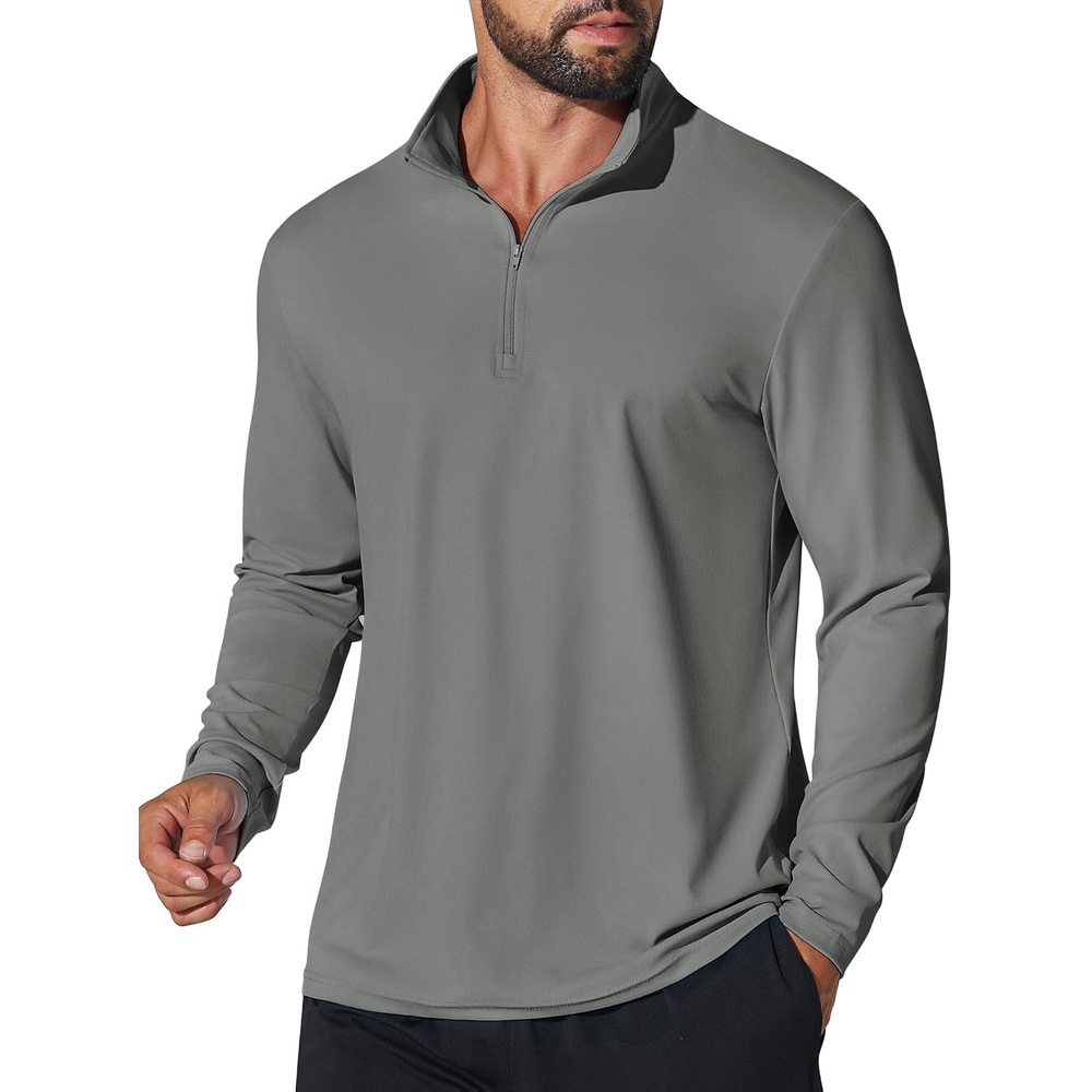 image:imageCOOFANDY Mens Quarter Zip Pullover 14 Zip Mock Neck Sun Protection Lightweight Athletic Golf Polo ShirtsGrey