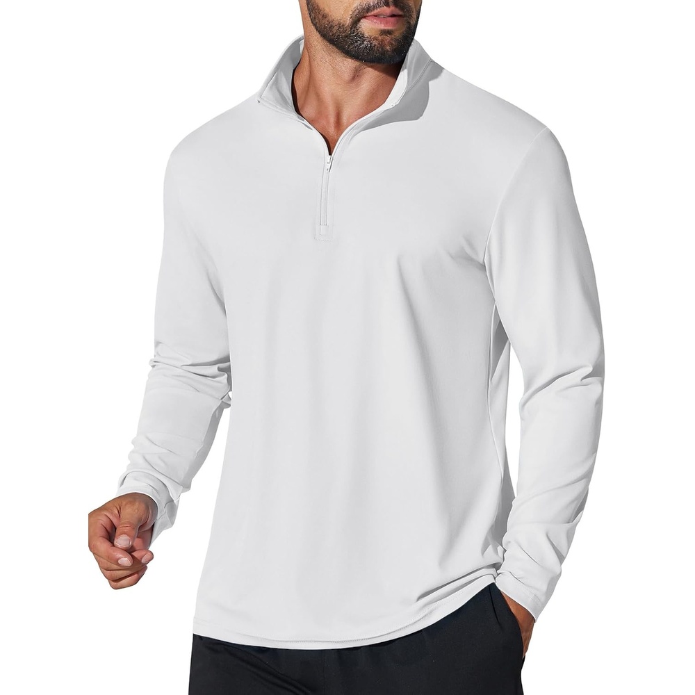 image:imageCOOFANDY Mens Quarter Zip Pullover 14 Zip Mock Neck Sun Protection Lightweight Athletic Golf Polo ShirtsWhite