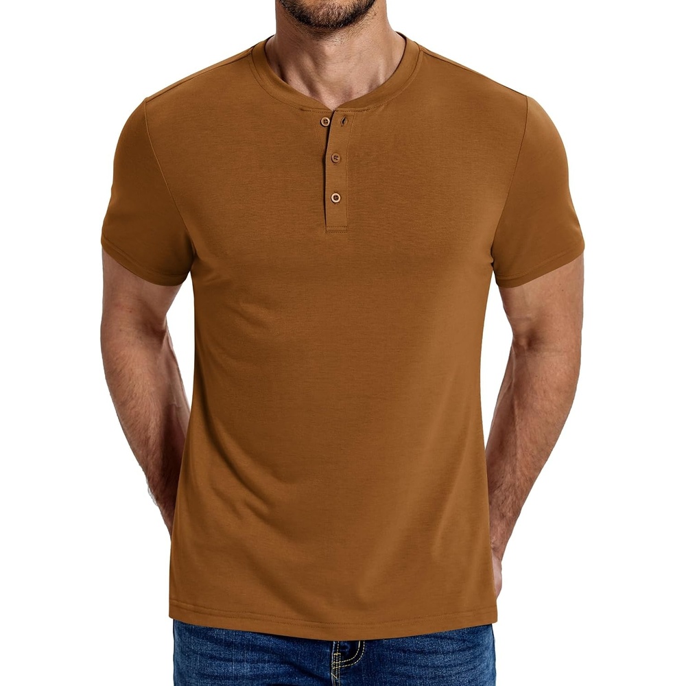image:imageCOOFANDY Mens T Shirts Henley Shirts Short Sleeve Casual Shirts for Men  Classic Mens Henley Shirts Lightweight Breathable and Soft touch Solid Color Casual Shirts for Daily WorkLight Brown