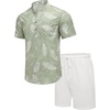 COOFANDY Men’s 2 Piece Cotton Linen Sets Summer Beach Outfits Casual Short Sleeve Henley Shirts and Vacation Shorts(Green Floral Shirt/White Shorts)