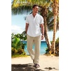 COOFANDY Men’s 2 Pieces Cotton Linen Set Casual Short Sleeve Henley Shirts Beach Yoga Pants Summer Outfits(White + Khaki)