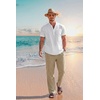 COOFANDY Men’s 2 Pieces Cotton Linen Set Casual Short Sleeve Henley Shirts Beach Yoga Pants Summer Outfits(White + Khaki)