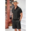 COOFANDY Men’s 2 Pieces Linen Set Henley Shirt Short Sleeve and Shorts | Short Sets, 2 Pieces Outfits, Button Closure, Lightweight, Breathable, Summer Beach Yoga Matching Sets(Black)