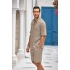 COOFANDY Men’s 2 Pieces Linen Set Henley Shirt Short Sleeve and Shorts | Short Sets, 2 Pieces Outfits, Button Closure, Lightweight, Breathable, Summer Beach Yoga Matching Sets(Khaki)