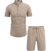 COOFANDY Men’s 2 Pieces Linen Set Henley Shirt Short Sleeve and Shorts | Short Sets, 2 Pieces Outfits, Button Closure, Lightweight, Breathable, Summer Beach Yoga Matching Sets(Khaki)