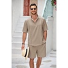 COOFANDY Men’s 2 Pieces Linen Set Henley Shirt Short Sleeve and Shorts | Short Sets, 2 Pieces Outfits, Button Closure, Lightweight, Breathable, Summer Beach Yoga Matching Sets(Khaki)