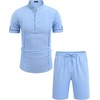 COOFANDY Men’s 2 Pieces Linen Set Henley Shirt Short Sleeve and Shorts | Short Sets, 2 Pieces Outfits, Button Closure, Lightweight, Breathable, Summer Beach Yoga Matching Sets(Blue)