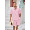 COOFANDY Men’s 2 Pieces Linen Set Henley Shirt Short Sleeve and Shorts | Short Sets, 2 Pieces Outfits, Button Closure, Lightweight, Breathable, Summer Beach Yoga Matching Sets(Pink)