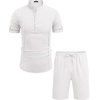 COOFANDY Men’s 2 Pieces Linen Set Henley Shirt Short Sleeve and Shorts | Short Sets, 2 Pieces Outfits, Button Closure, Lightweight, Breathable, Summer Beach Yoga Matching Sets(A-white)
