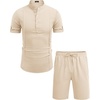 COOFANDY Men’s 2 Pieces Linen Set Henley Shirt Short Sleeve and Shorts | Short Sets, 2 Pieces Outfits, Button Closure, Lightweight, Breathable, Summer Beach Yoga Matching Sets(Light Khaki)