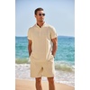 COOFANDY Men’s 2 Pieces Linen Set Henley Shirt Short Sleeve and Shorts | Short Sets, 2 Pieces Outfits, Button Closure, Lightweight, Breathable, Summer Beach Yoga Matching Sets(Light Khaki)