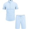 COOFANDY Men’s 2 Pieces Linen Set Henley Shirt Short Sleeve and Shorts | Short Sets, 2 Pieces Outfits, Button Closure, Lightweight, Breathable, Summer Beach Yoga Matching Sets(Light Blue)