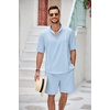 COOFANDY Men’s 2 Pieces Linen Set Henley Shirt Short Sleeve and Shorts | Short Sets, 2 Pieces Outfits, Button Closure, Lightweight, Breathable, Summer Beach Yoga Matching Sets(Light Blue)