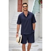 COOFANDY Men’s 2 Pieces Linen Set Henley Shirt Short Sleeve and Shorts | Short Sets, 2 Pieces Outfits, Button Closure, Lightweight, Breathable, Summer Beach Yoga Matching Sets(Navy Blue)