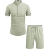 COOFANDY Men’s 2 Pieces Linen Set Henley Shirt Short Sleeve and Shorts | Short Sets, 2 Pieces Outfits, Button Closure, Lightweight, Breathable, Summer Beach Yoga Matching Sets(Light Green)