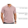 COOFANDY Men’s Quarter Zip Polo Shirt Short Sleeve Ribbed Knit Golf Tee | Collared, 1/4 Zip, Textured, Casual, Business Shirt Lightweight, Breathable, Elastic T Shirt for Men(Pink)
