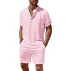 COOFANDY Men’s 2 Pieces Linen Set Henley Shirt Short Sleeve and Shorts | Short Sets, 2 Pieces Outfits, Button Closure, Lightweight, Breathable, Summer Beach Yoga Matching Sets(Pink)