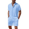 COOFANDY Men’s 2 Pieces Linen Set Henley Shirt Short Sleeve and Shorts | Short Sets, 2 Pieces Outfits, Button Closure, Lightweight, Breathable, Summer Beach Yoga Matching Sets(Blue)