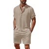 COOFANDY Men’s 2 Pieces Linen Set Henley Shirt Short Sleeve and Shorts | Short Sets, 2 Pieces Outfits, Button Closure, Lightweight, Breathable, Summer Beach Yoga Matching Sets(Khaki)