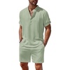 COOFANDY Men’s 2 Pieces Linen Set Henley Shirt Short Sleeve and Shorts | Short Sets, 2 Pieces Outfits, Button Closure, Lightweight, Breathable, Summer Beach Yoga Matching Sets(Light Green)