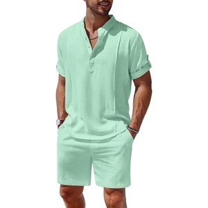 COOFANDY Men’s 2 Pieces Linen Set Henley Shirt Short Sleeve and Shorts | Short Sets, 2 Pieces Outfits, Button Closure, Lightweight, Breathable, Summer Beach Yoga Matching Sets(Mint Green)