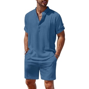 COOFANDY Men’s 2 Pieces Linen Set Henley Shirt Short Sleeve and Shorts | Short Sets, 2 Pieces Outfits, Button Closure, Lightweight, Breathable, Summer Beach Yoga Matching Sets(Denim Blue)