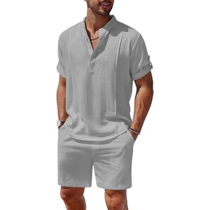 COOFANDY Men’s 2 Pieces Linen Set Henley Shirt Short Sleeve and Shorts | Short Sets, 2 Pieces Outfits, Button Closure, Lightweight, Breathable, Summer Beach Yoga Matching Sets(Light Grey)