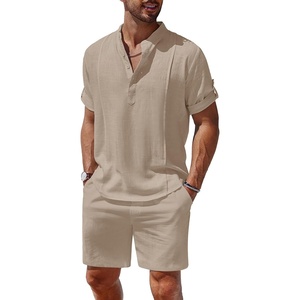 COOFANDY Men’s 2 Pieces Linen Set Henley Shirt Short Sleeve and Shorts | Short Sets, 2 Pieces Outfits, Button Closure, Lightweight, Breathable, Summer Beach Yoga Matching Sets(Khaki)