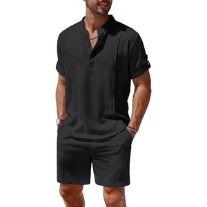 COOFANDY Men’s 2 Pieces Linen Set Henley Shirt Short Sleeve and Shorts | Short Sets, 2 Pieces Outfits, Button Closure, Lightweight, Breathable, Summer Beach Yoga Matching Sets(Black)