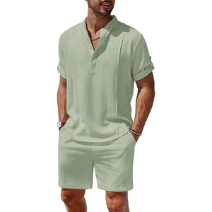 COOFANDY Men’s 2 Pieces Linen Set Henley Shirt Short Sleeve and Shorts | Short Sets, 2 Pieces Outfits, Button Closure, Lightweight, Breathable, Summer Beach Yoga Matching Sets(Light Green)