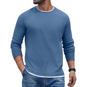 COOFANDY Mens Long Sleeve Tee Shirts Cotton Waffle Crewneck Pullover Tshirts with Contrast Trim(Grey Blue + White Trim)