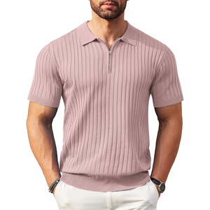 COOFANDY Men’s Quarter Zip Polo Shirt Short Sleeve Ribbed Knit Golf Tee | Collared, 1/4 Zip, Textured, Casual, Business Shirt Lightweight, Breathable, Elastic T Shirt for Men(Pink)