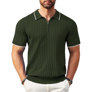 COOFANDY Men’s Quarter Zip Polo Shirt Short Sleeve Ribbed Knit Golf Tee | Collared, 1/4 Zip, Textured, Casual, Business Shirt Lightweight, Breathable, Elastic T Shirt for Men(Stripes Army Green Stripes)