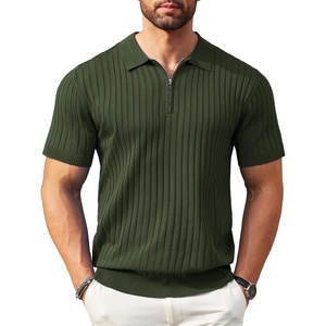 COOFANDY Men’s Quarter Zip Polo Shirt Short Sleeve Ribbed Knit Golf Tee | Collared, 1/4 Zip, Textured, Casual, Business Shirt Lightweight, Breathable, Elastic T Shirt for Men(Army Green)