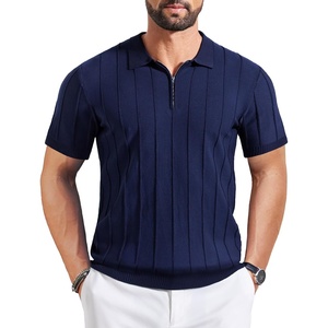 COOFANDY Men’s Quarter Zip Polo Shirt Short Sleeve Ribbed Knit Golf Tee | Collared, 1/4 Zip, Textured, Casual, Business Shirt Lightweight, Breathable, Elastic T Shirt for Men(V-navy Blue)
