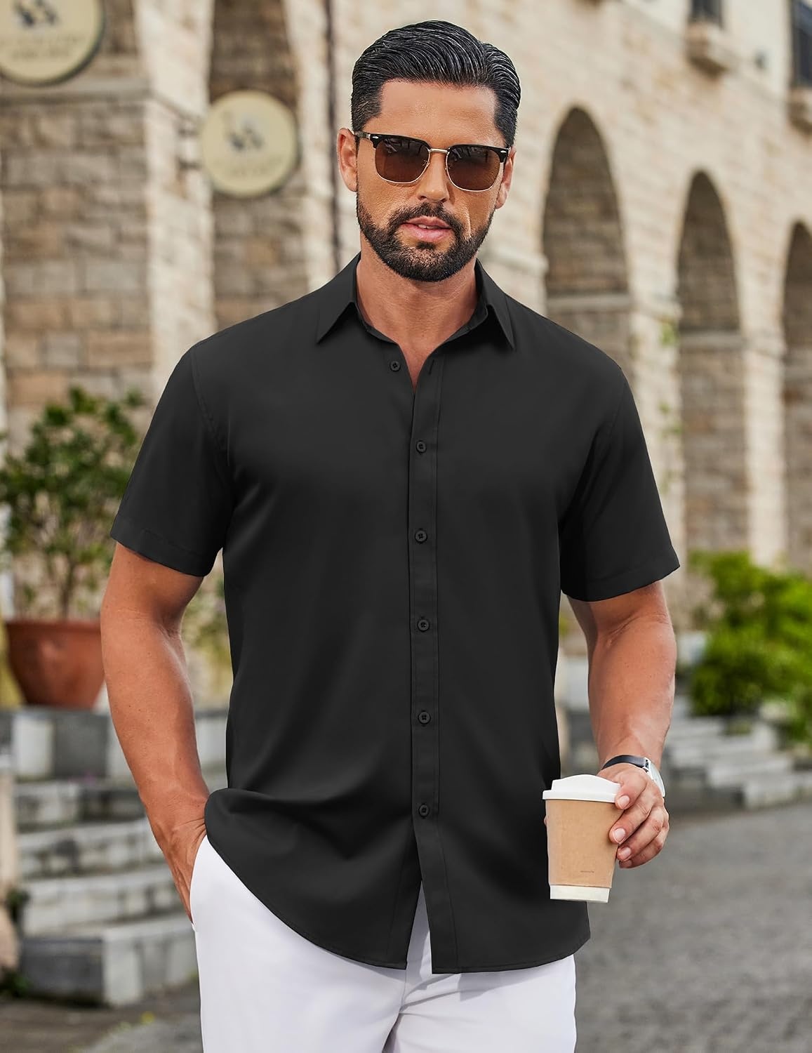 image:imageCOOFANDY Mens Button Down Shirts Short Sleeve Untucked Dress Shirts Wrinkle Free Dress Shirt Solid Stretch Fabric Regular Fit Spread Collar Business Outfits Casual Daily WearBlack