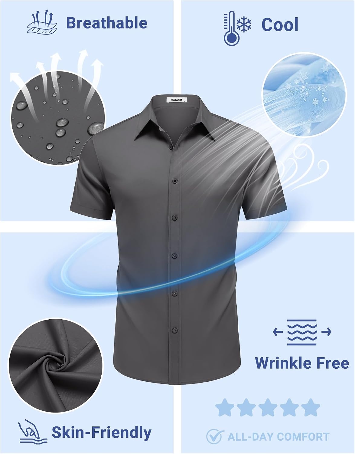 image:imageCOOFANDY Mens Button Down Shirts Short Sleeve Untucked Dress Shirts Wrinkle Free Dress Shirt Solid Stretch Fabric Regular Fit Spread Collar Business Outfits Casual Daily WearDark Gray