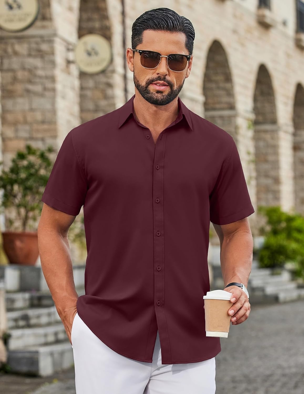 image:imageCOOFANDY Mens Button Down Shirts Short Sleeve Untucked Dress Shirts Wrinkle Free Dress Shirt Solid Stretch Fabric Regular Fit Spread Collar Business Outfits Casual Daily WearWine Red