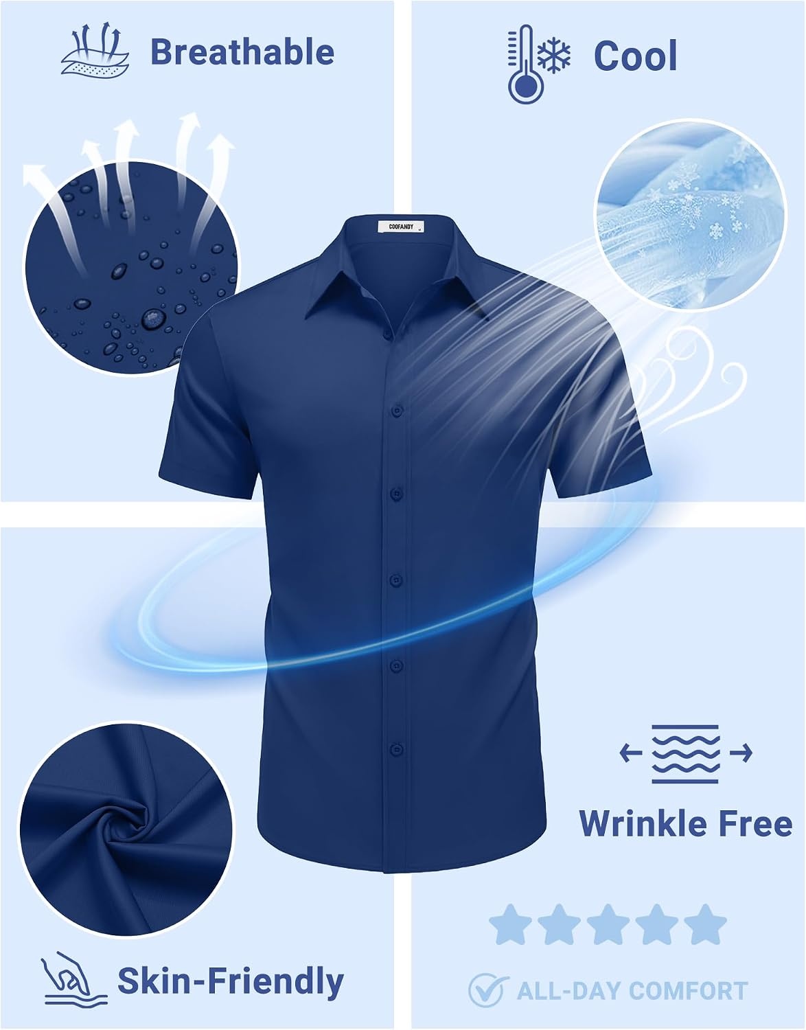 image:imageCOOFANDY Mens Button Down Shirts Short Sleeve Untucked Dress Shirts Wrinkle Free Dress Shirt Solid Stretch Fabric Regular Fit Spread Collar Business Outfits Casual Daily WearBlue