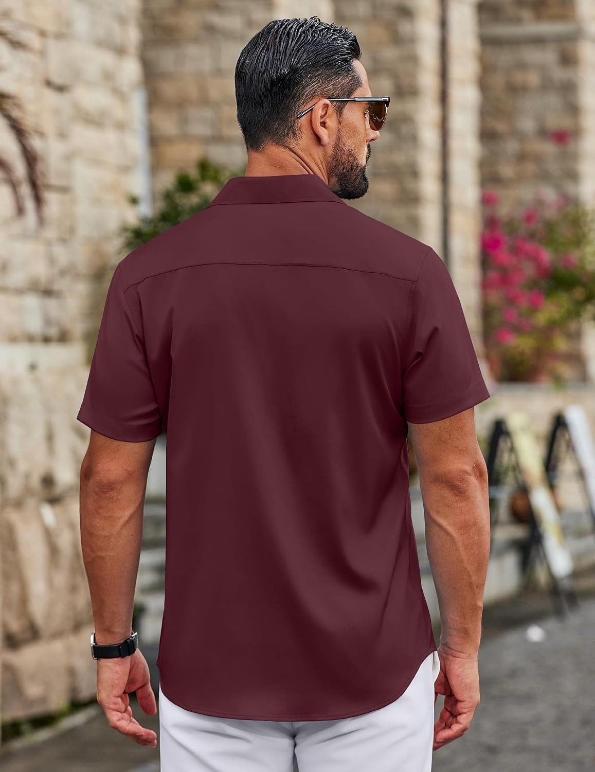image:imageCOOFANDY Mens Button Down Shirts Short Sleeve Untucked Dress Shirts Wrinkle Free Dress Shirt Solid Stretch Fabric Regular Fit Spread Collar Business Outfits Casual Daily WearWine Red