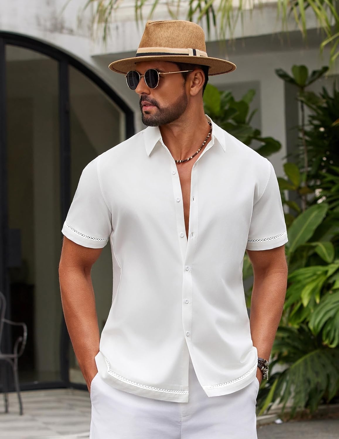 image:imageCOOFANDY Mens Button Down Short Sleeve Linen Shirt Casual Summer Beach Vacation ShirtsClear White