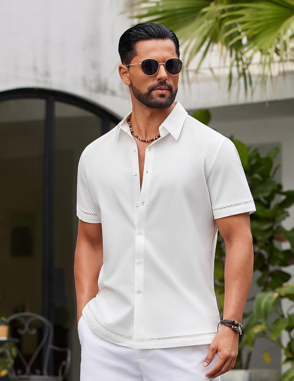 image:imageCOOFANDY Mens Button Down Short Sleeve Linen Shirt Casual Summer Beach Vacation ShirtsClear White