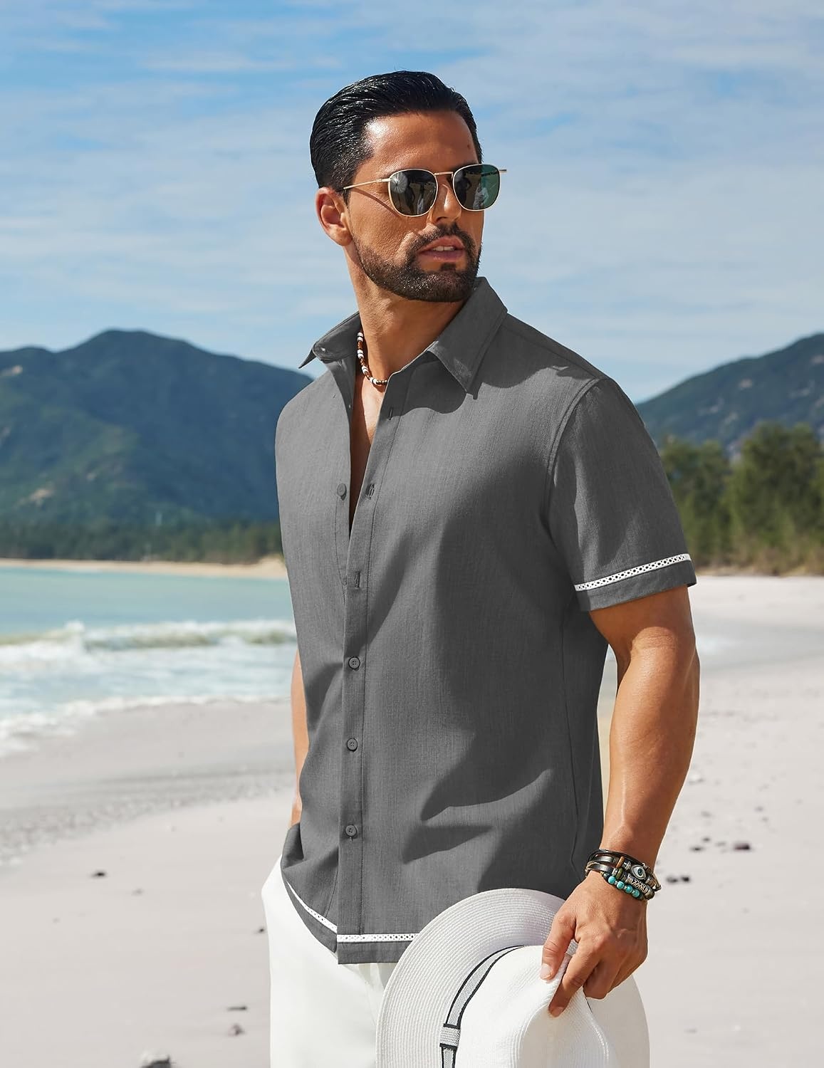 image:imageCOOFANDY Mens Button Down Short Sleeve Linen Shirt Casual Summer Beach Vacation ShirtsDark Grey