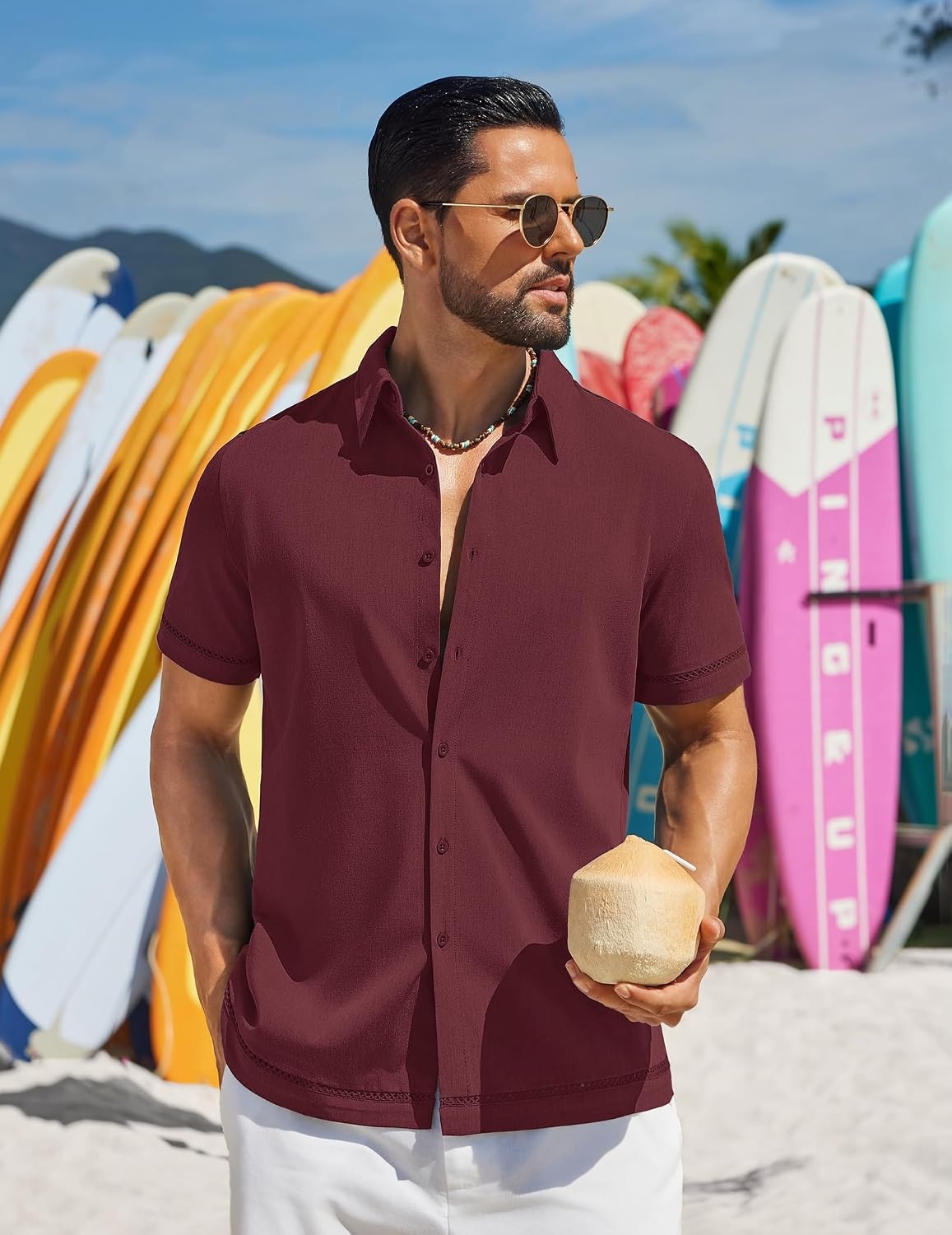 image:imageCOOFANDY Mens Button Down Short Sleeve Linen Shirt Casual Summer Beach Vacation ShirtsDark Red