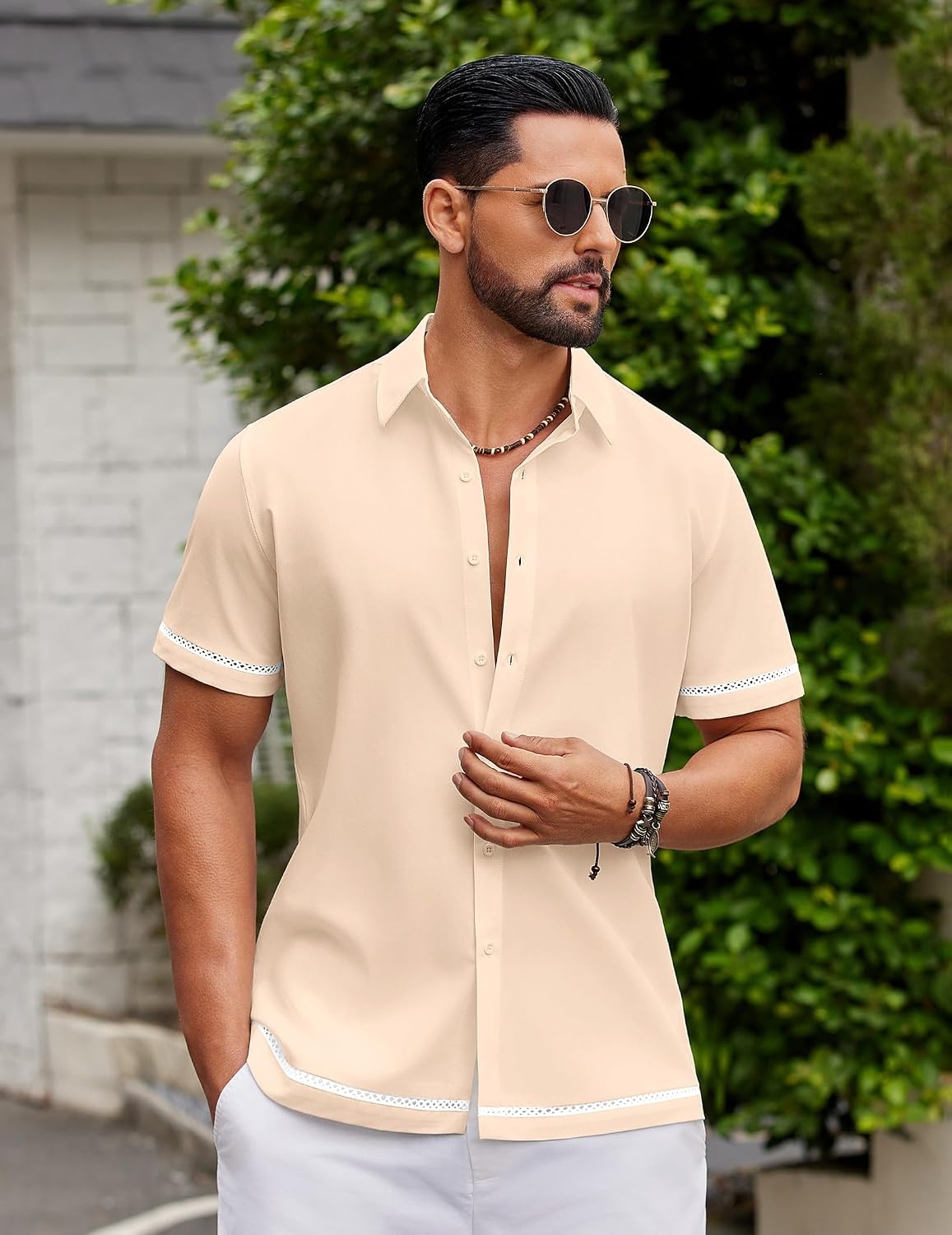 image:imageCOOFANDY Mens Button Down Short Sleeve Linen Shirt Casual Summer Beach Vacation ShirtsLight Apricot